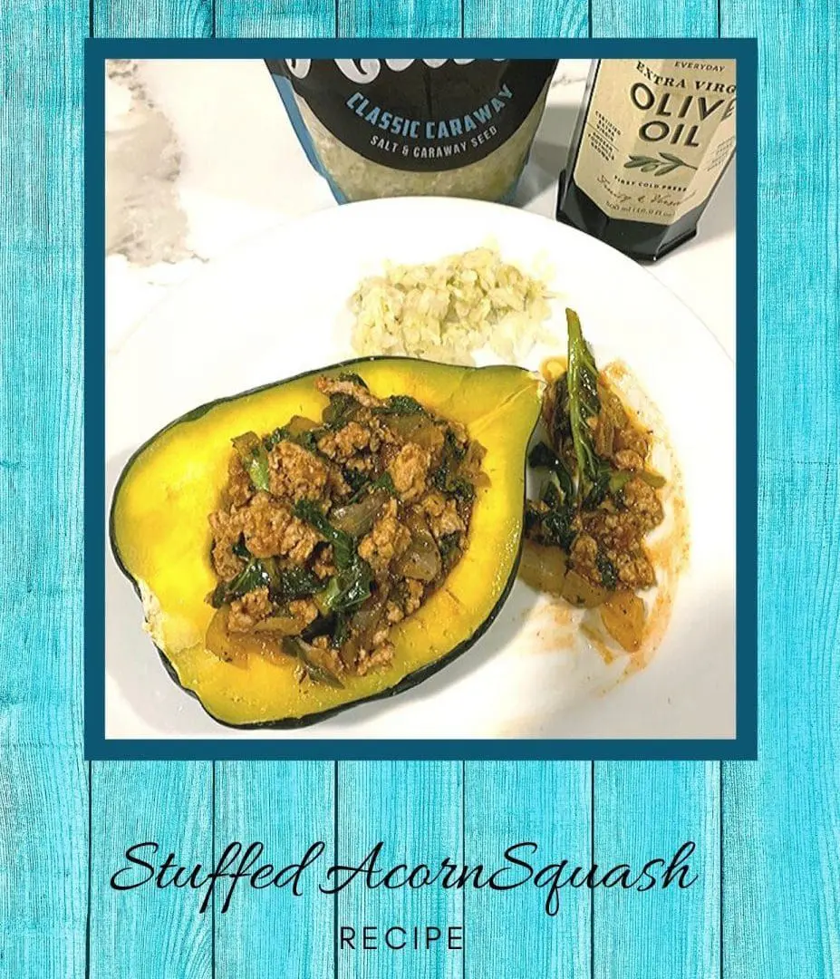 A stuffed acorn squash with rice and an olive oil dressing.