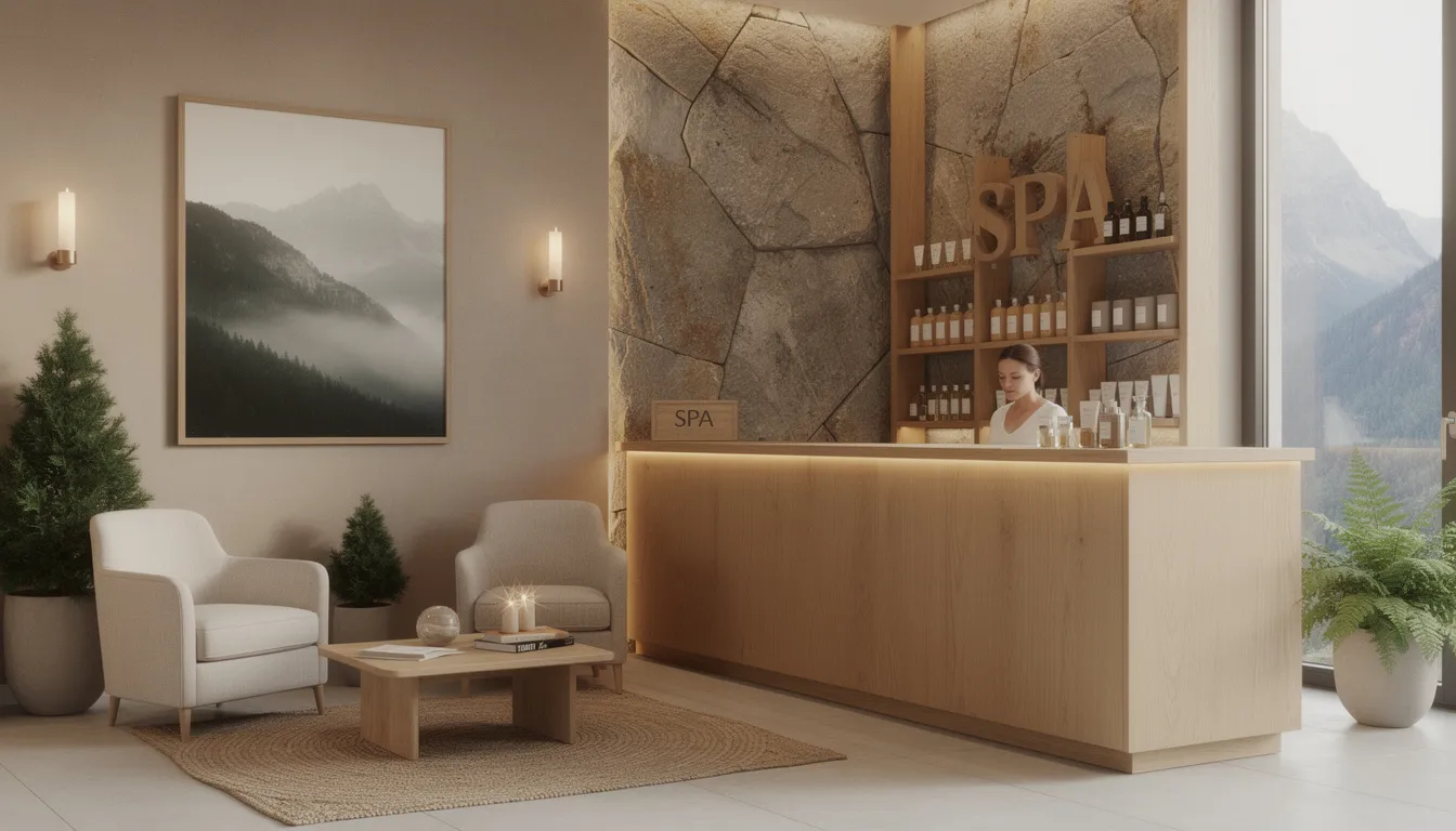 The image depicts a cozy spa reception area featuring natural wood elements and mountain-inspired decor, creating a serene atmosphere for clients in Asheville, NC. This inviting space is designed to promote relaxation and offers a variety of spa services aimed at enhancing skin care and easing muscle tension.